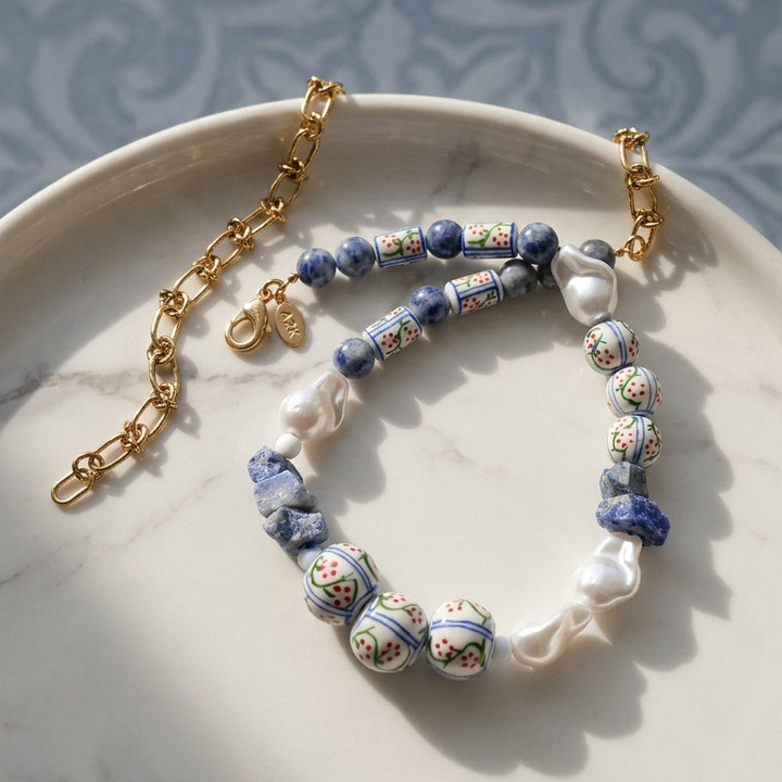 Handpainted Porcelain, Baroque Pearl &amp; Sodalite Necklace