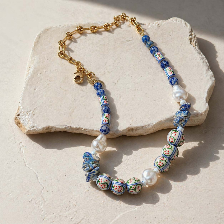 Handpainted Porcelain, Baroque Pearl &amp; Sodalite Necklace
