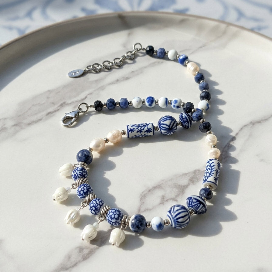 Handpainted Porcelain & Pearl Lily of the Valley Necklace