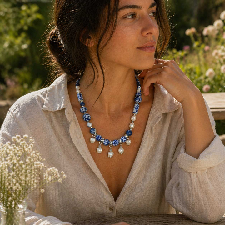 Handpainted Porcelain &amp; Pearl Lily of the Valley Necklace