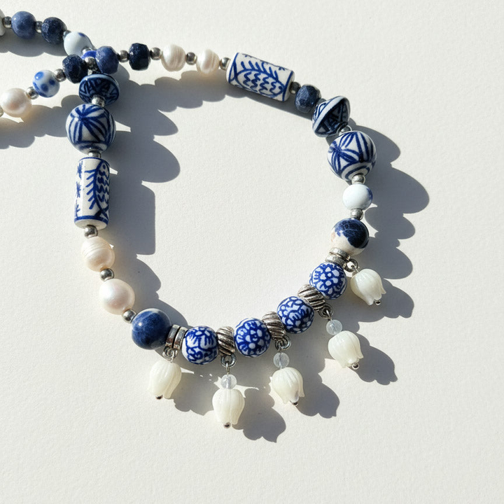 Handpainted Porcelain &amp; Pearl Lily of the Valley Necklace