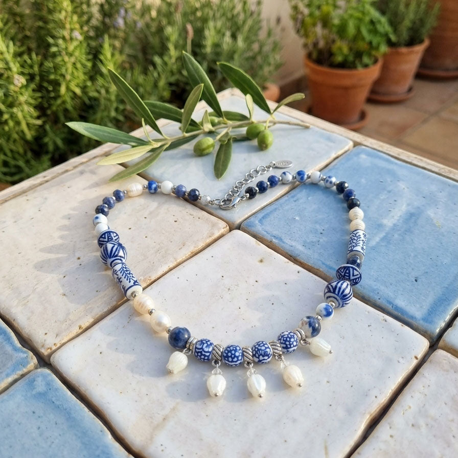 Handpainted Porcelain &amp; Pearl Lily of the Valley Necklace