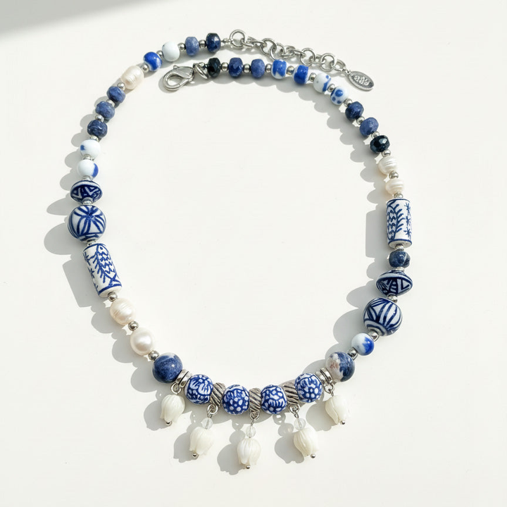 Handpainted Porcelain &amp; Pearl Lily of the Valley Necklace