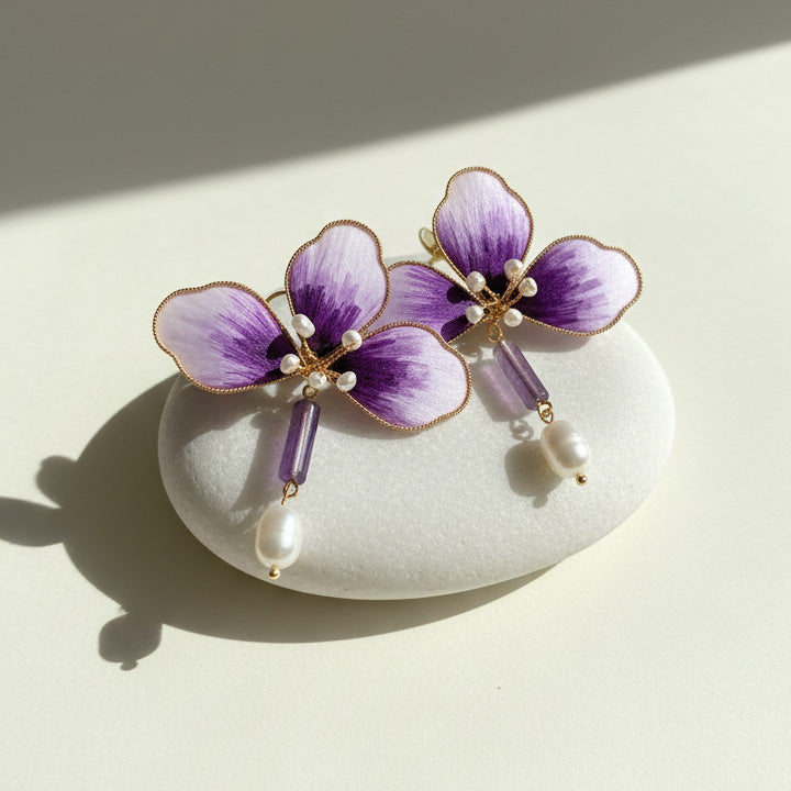 Handpainted Silk Orchid Earrings with Jade &amp; Pearls
