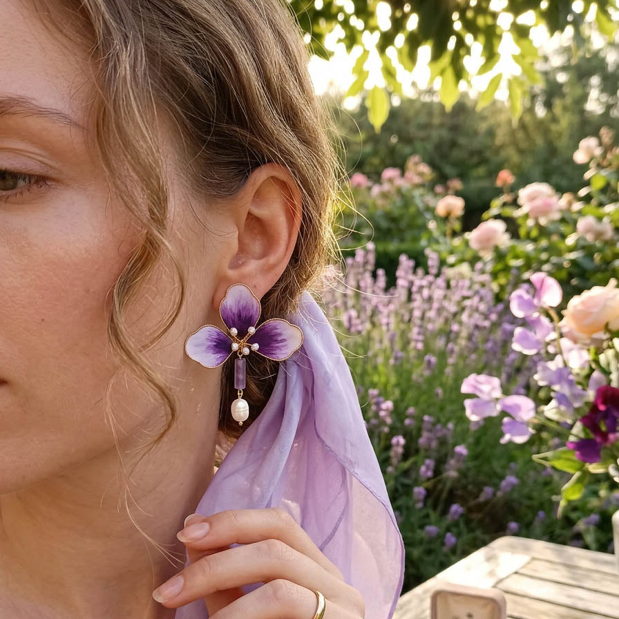Handpainted Silk Orchid Earrings with Jade & Pearls