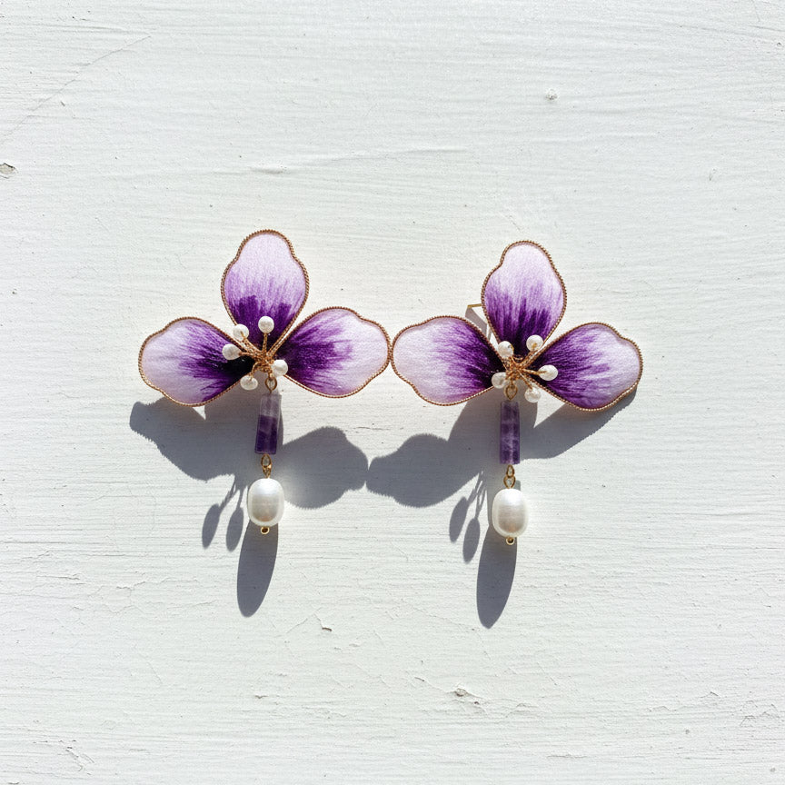 Handpainted Silk Orchid Earrings with Jade &amp; Pearls