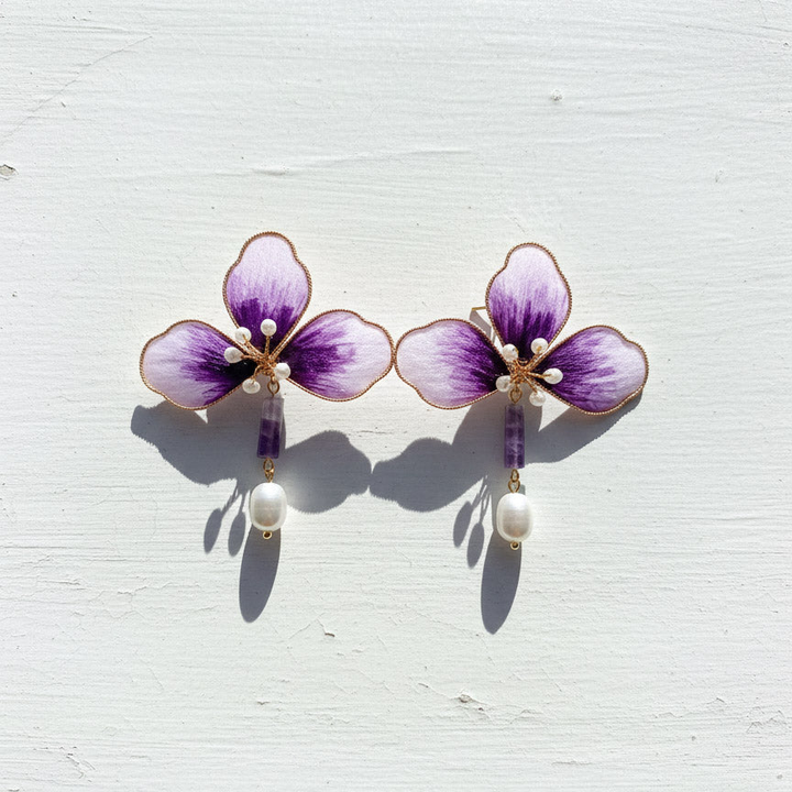 Handpainted Silk Orchid Earrings with Jade &amp; Pearls