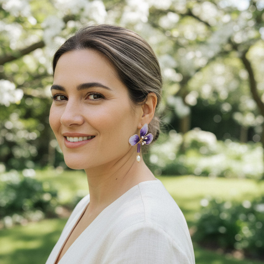 Handpainted Silk Orchid Earrings with Jade &amp; Pearls