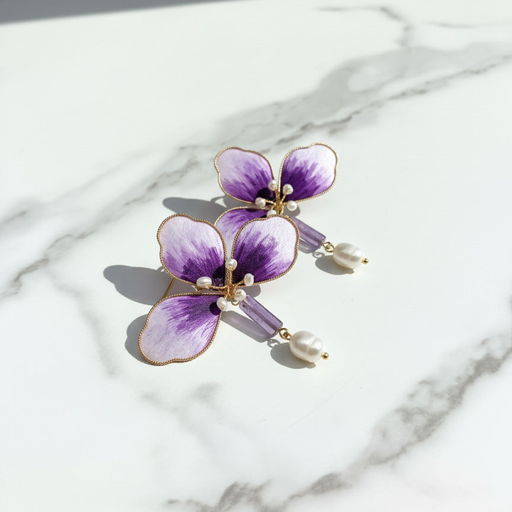 Handpainted Silk Orchid Earrings with Jade &amp; Pearls