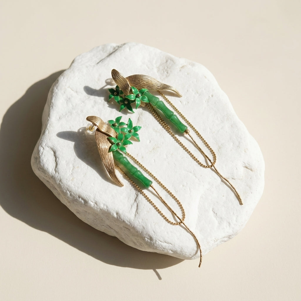 Jade & Enamel Flower Drop Earrings