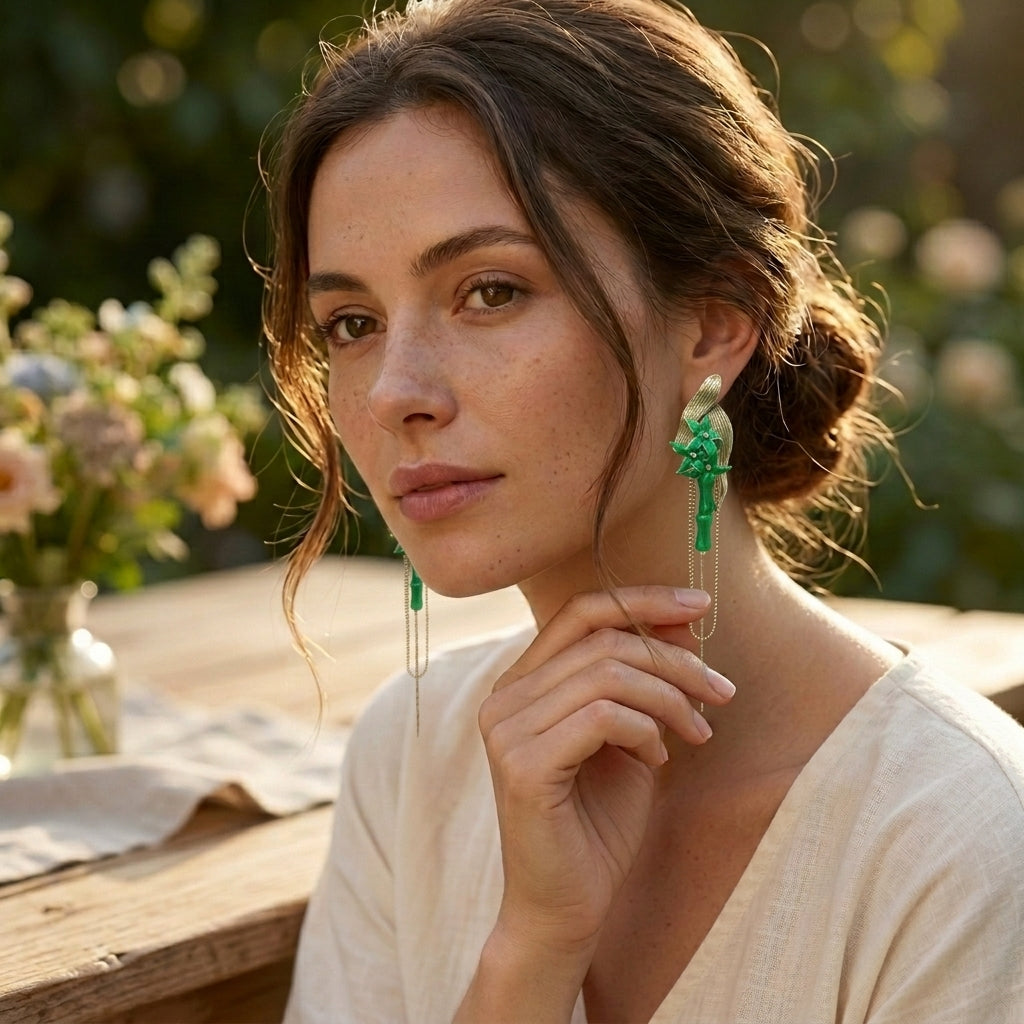 Jade &amp; Enamel Flower Drop Earrings