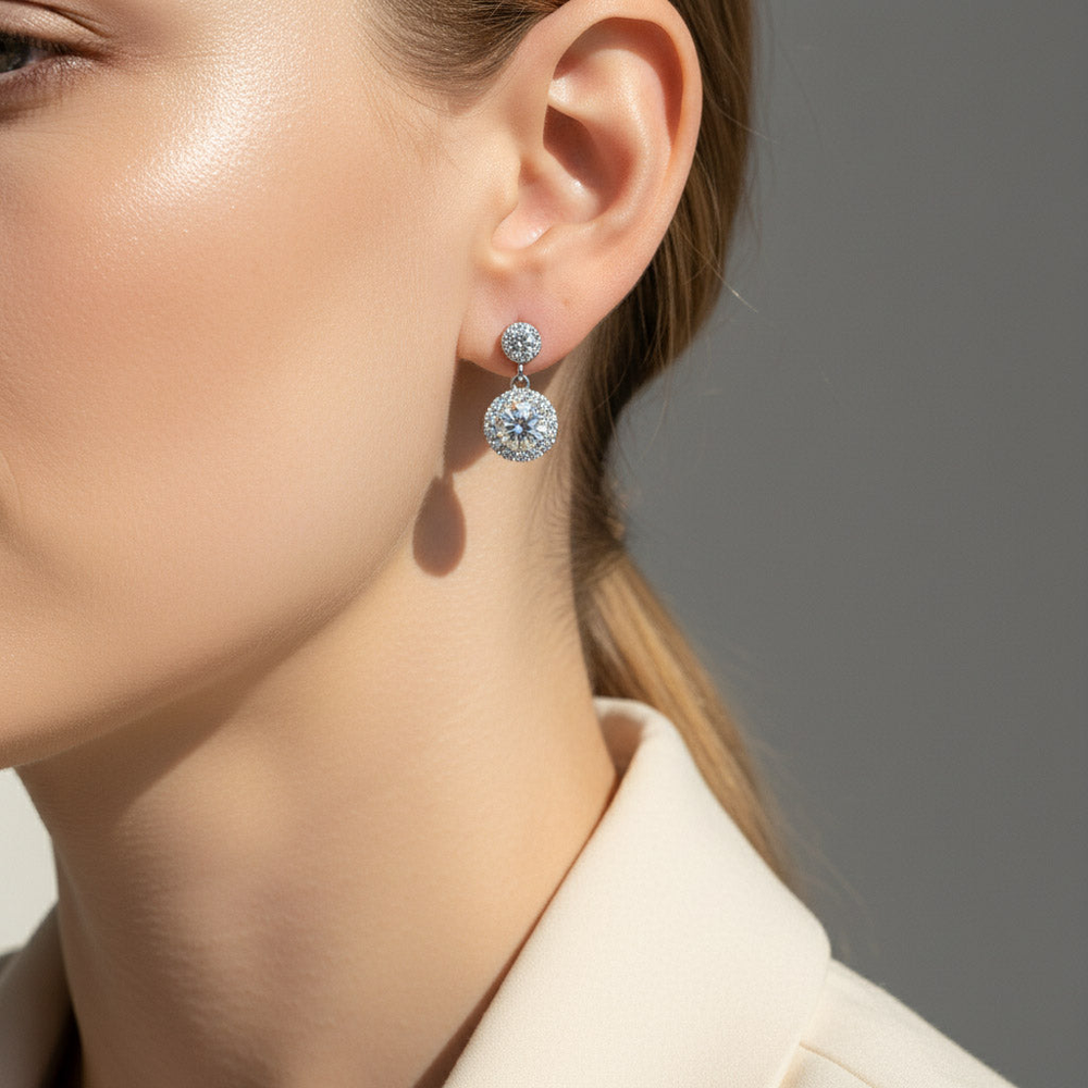 Moissanite Halo Drop Earrings 2.0ct