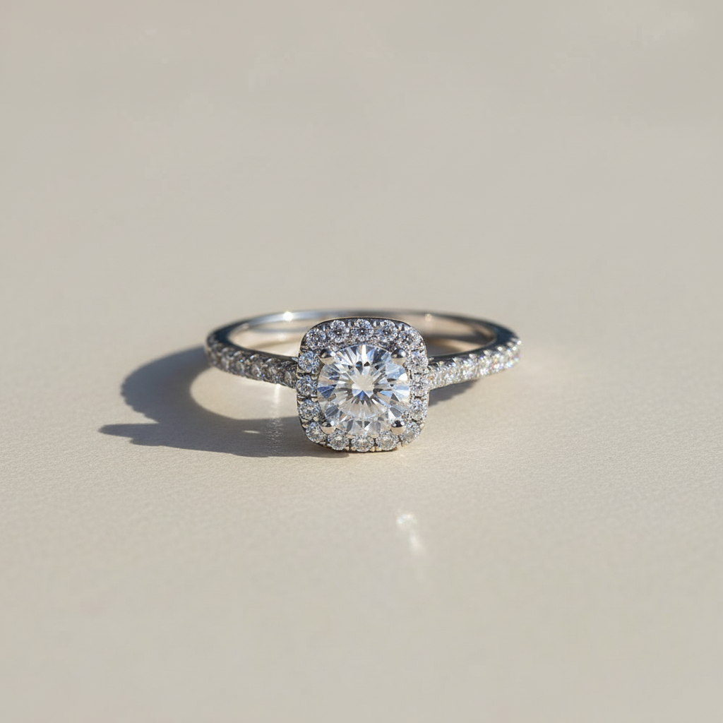 1ct Moissanite Halo Ring in Platinum Plated Silver