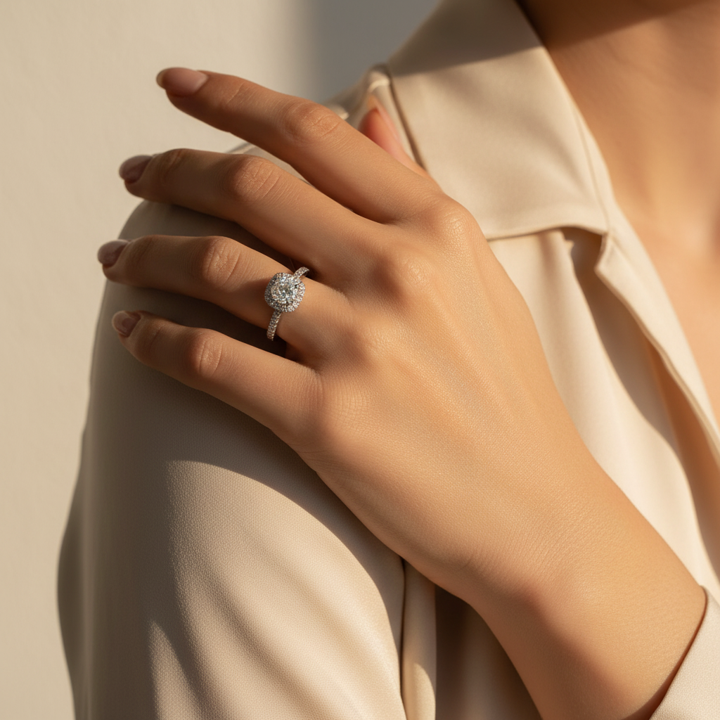 1ct Moissanite Halo Ring in Platinum Plated Silver