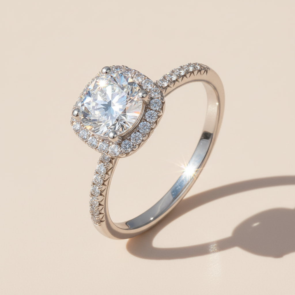 1ct Moissanite Halo Ring in Platinum Plated Silver