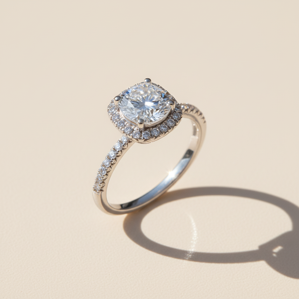 1ct Moissanite Halo Ring in Platinum Plated Silver
