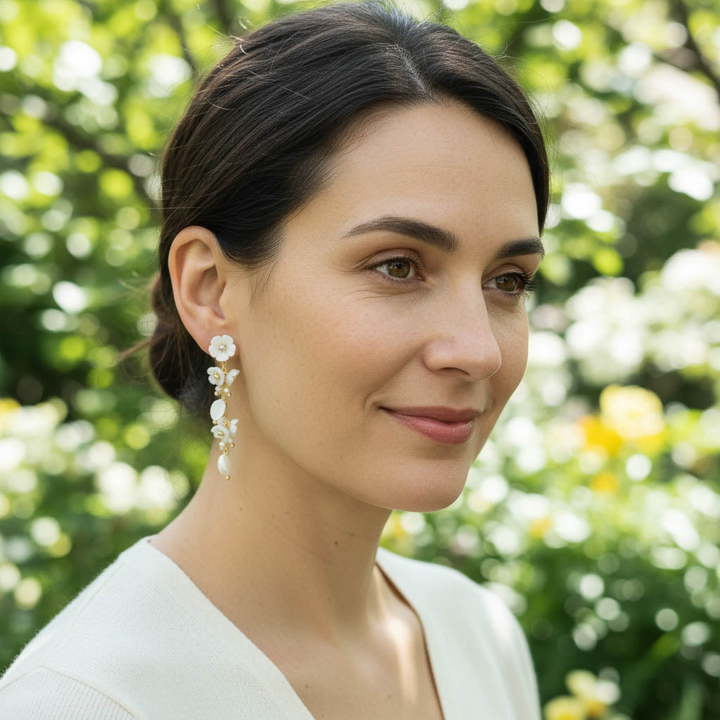 Mother of Pearl Floral Drop Earrings with Freshwater Pearls