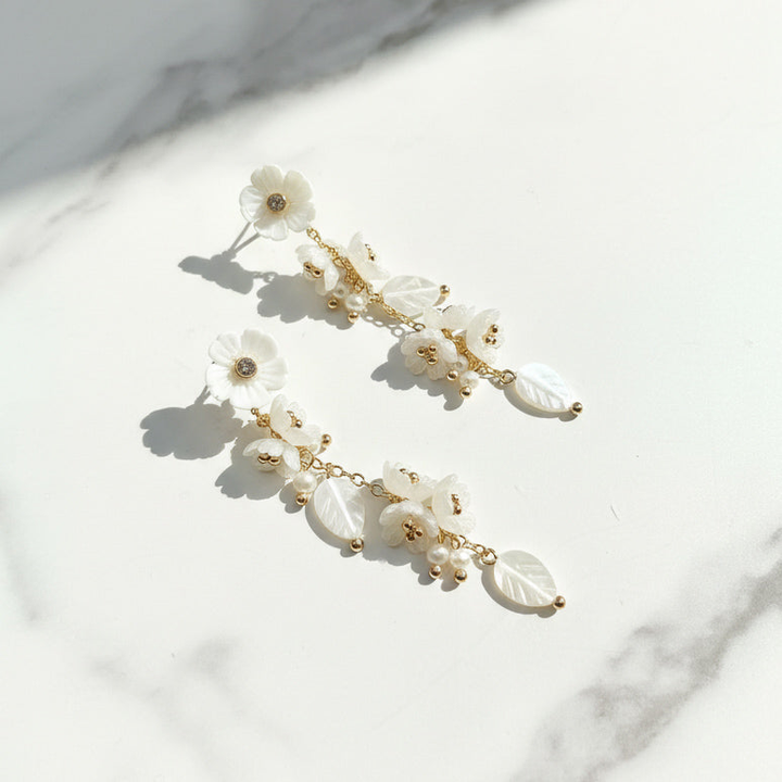 Mother of Pearl Floral Drop Earrings with Freshwater Pearls