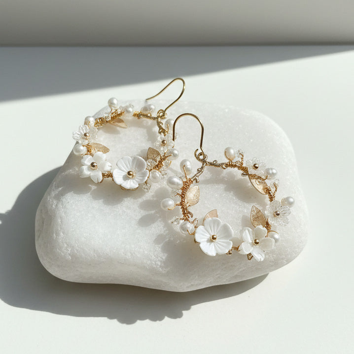 Mother of Pearl Floral Hoop Earrings with Freshwater Pearls