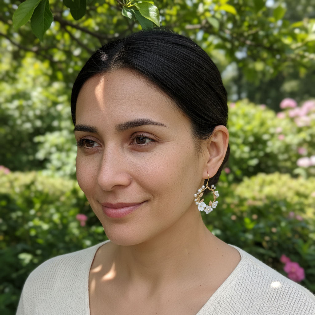 Mother of Pearl Floral Hoop Earrings with Freshwater Pearls