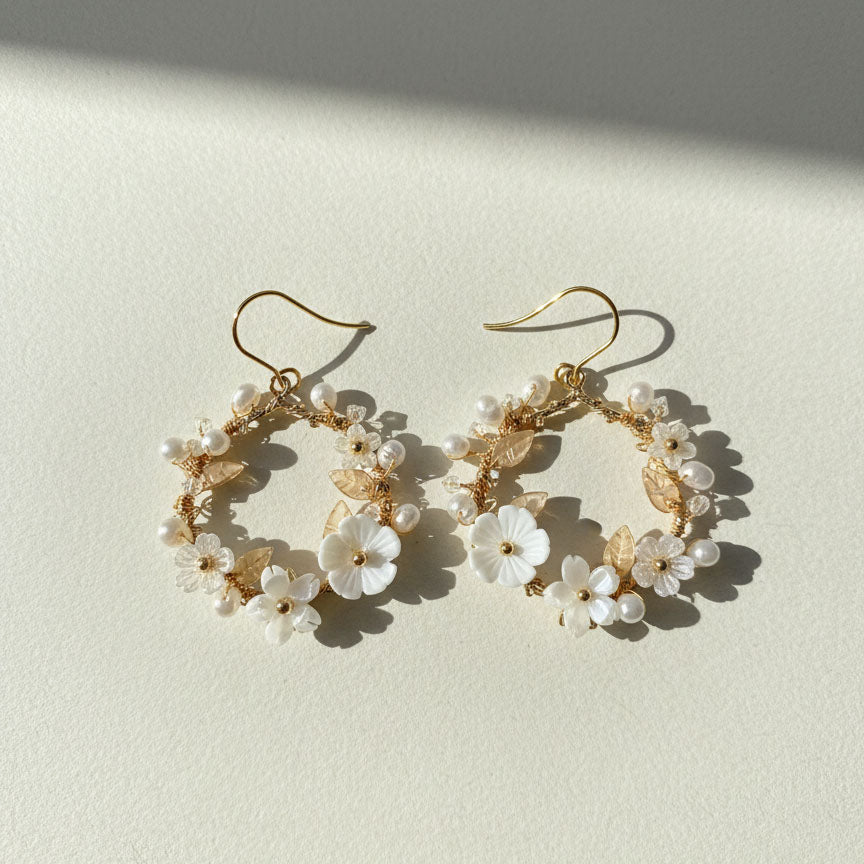 Mother of Pearl Floral Hoop Earrings with Freshwater Pearls