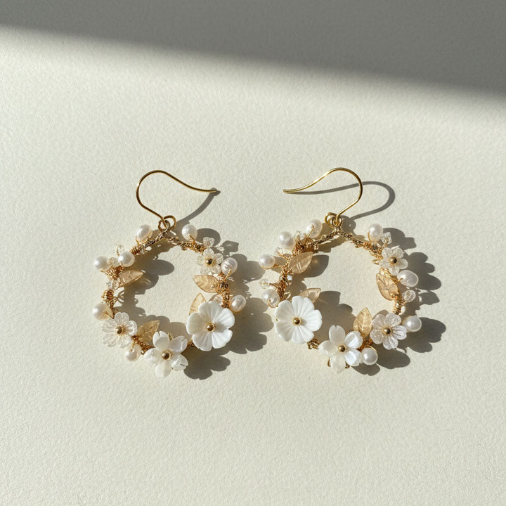 Mother of Pearl Floral Hoop Earrings with Freshwater Pearls