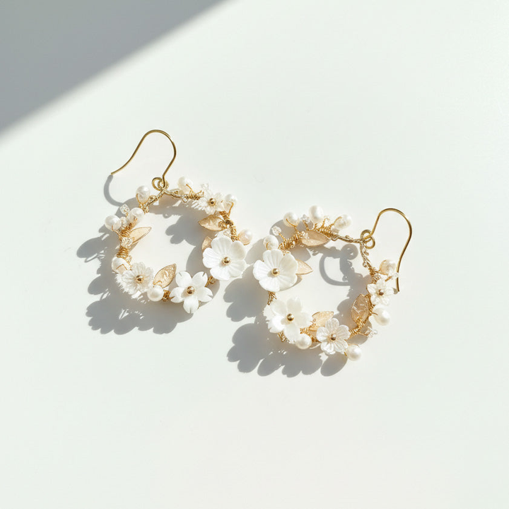 Mother of Pearl Floral Hoop Earrings with Freshwater Pearls