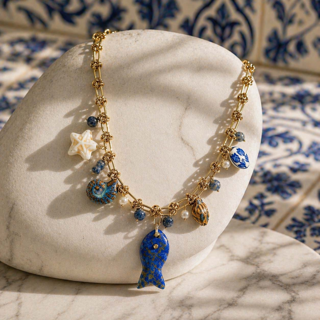 Ocean Charm Necklace with Lapis Fish