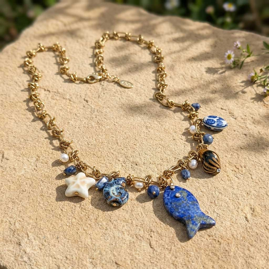 Ocean Charm Necklace with Lapis Fish