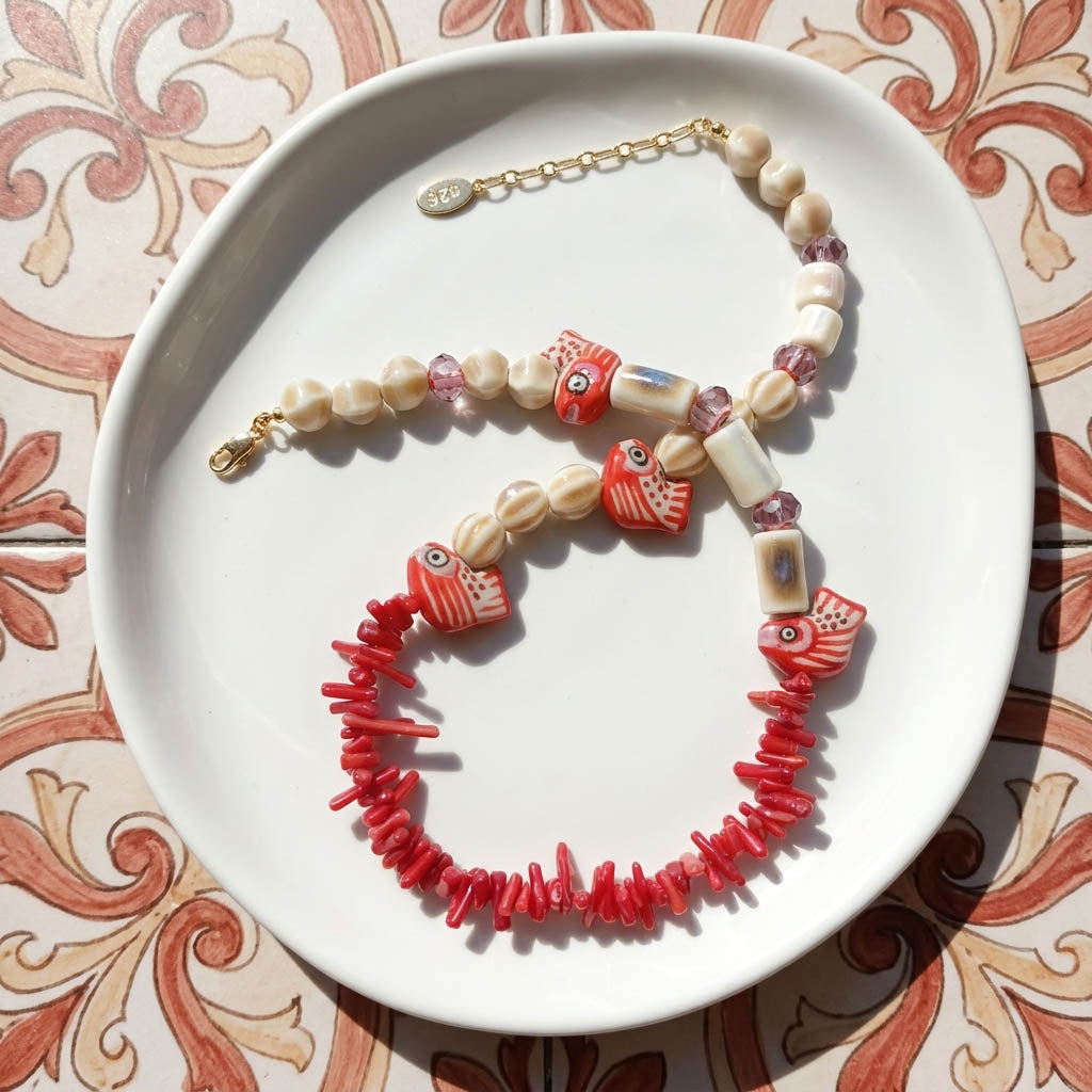 Ocean Fish & Coral Beaded Necklace with Porcelain Details