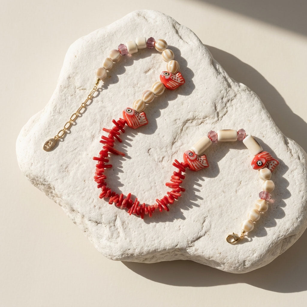 Ocean Fish &amp; Coral Beaded Necklace with Porcelain Details