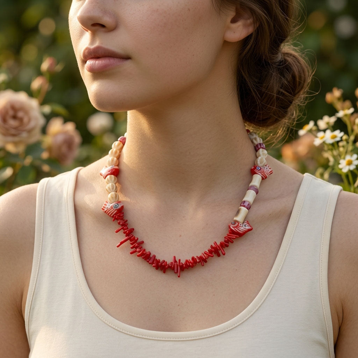 Ocean Fish &amp; Coral Beaded Necklace with Porcelain Details