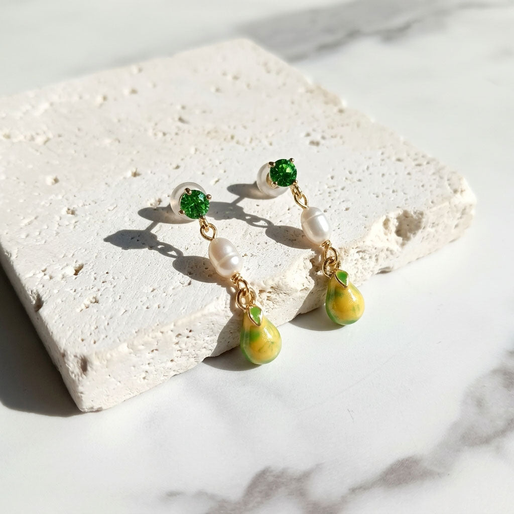 Pear Enamel Drop Earrings with Pearl
