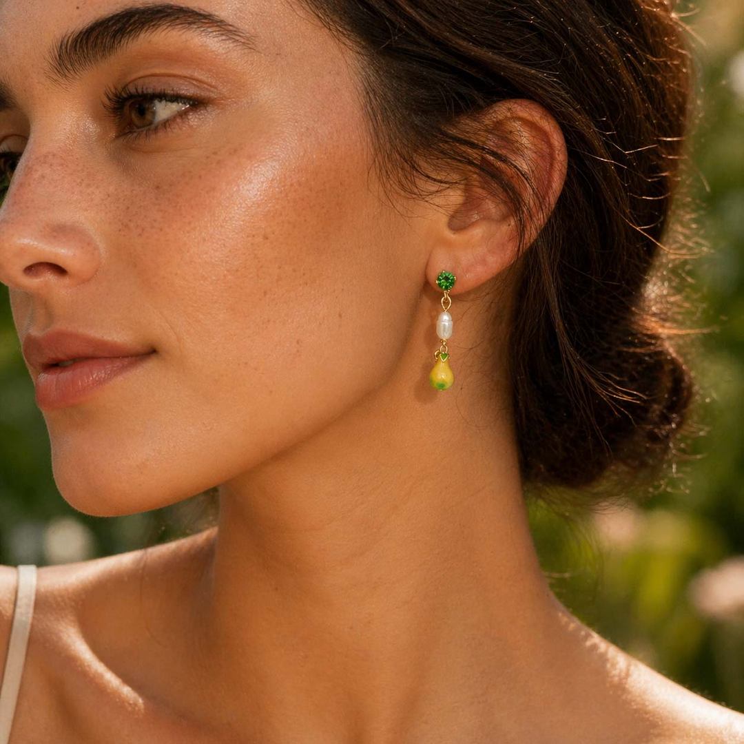 Pear Enamel Drop Earrings with Pearl