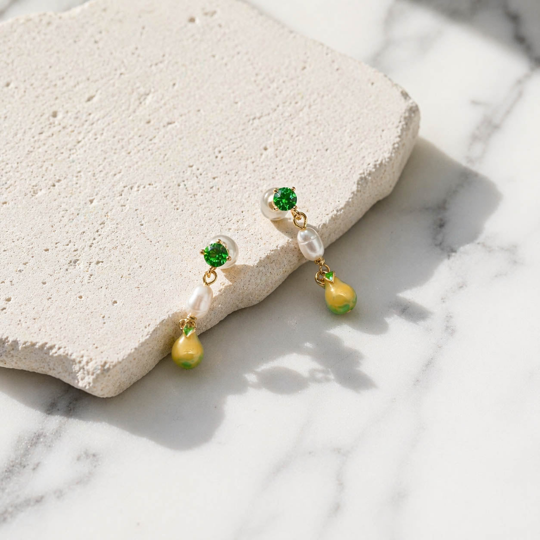 Pear Enamel Drop Earrings with Pearl