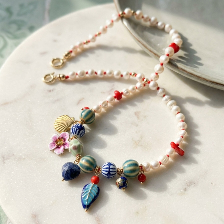 Pearl & Porcelain Charm Necklace with Coral & Enamel