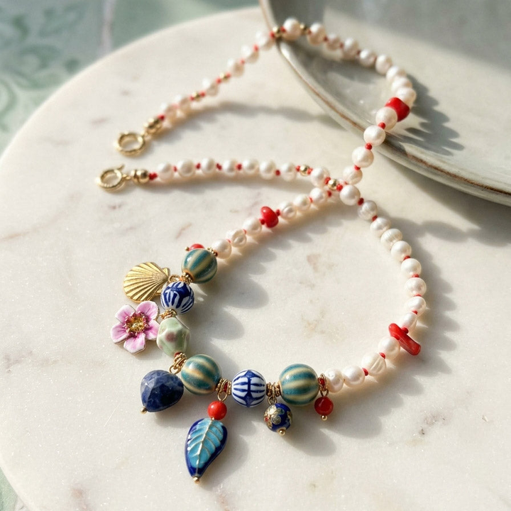 Pearl &amp; Porcelain Charm Necklace with Coral &amp; Enamel