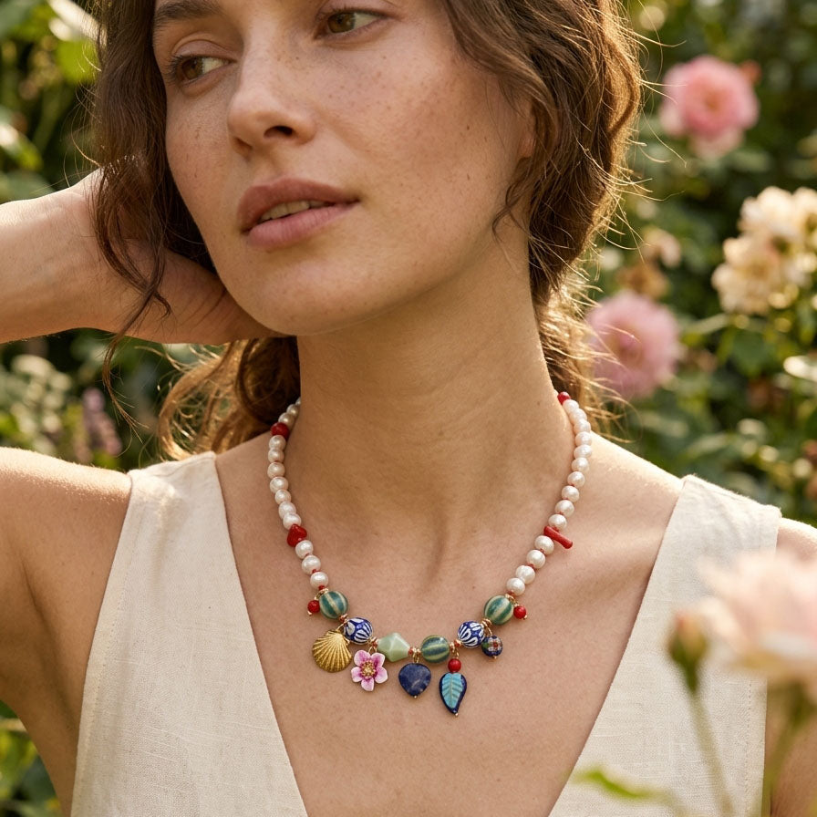 Pearl & Porcelain Charm Necklace with Coral & Enamel