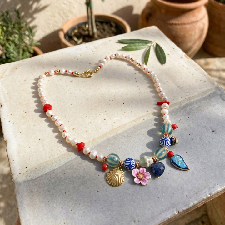 Pearl &amp; Porcelain Charm Necklace with Coral &amp; Enamel