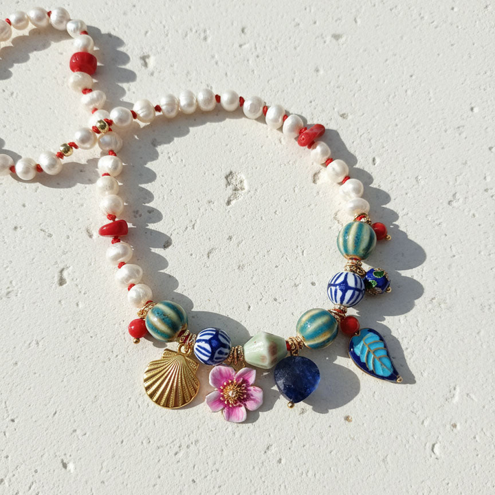 Pearl &amp; Porcelain Charm Necklace with Coral &amp; Enamel