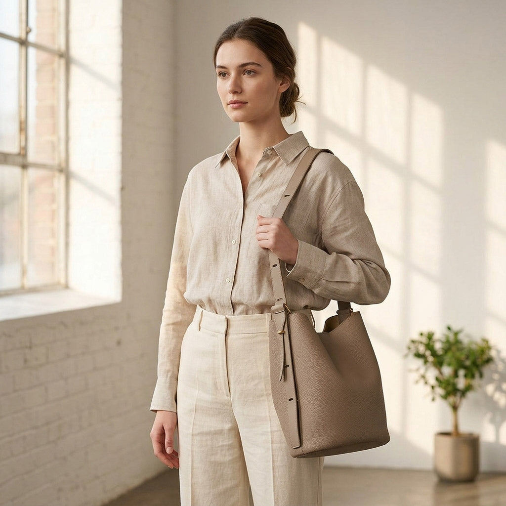 Pebbled Leather Bucket Shoulder Bag