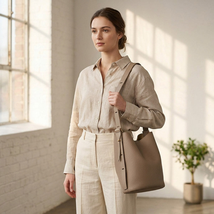 Pebbled Leather Bucket Shoulder Bag