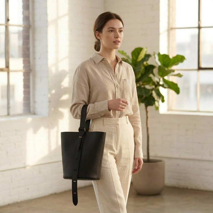 Pebbled Leather Bucket Shoulder Bag