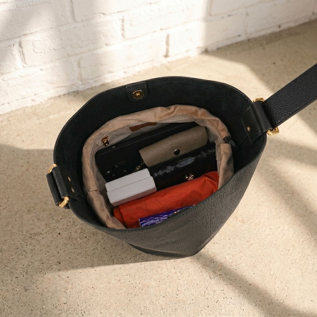 Pebbled Leather Bucket Shoulder Bag