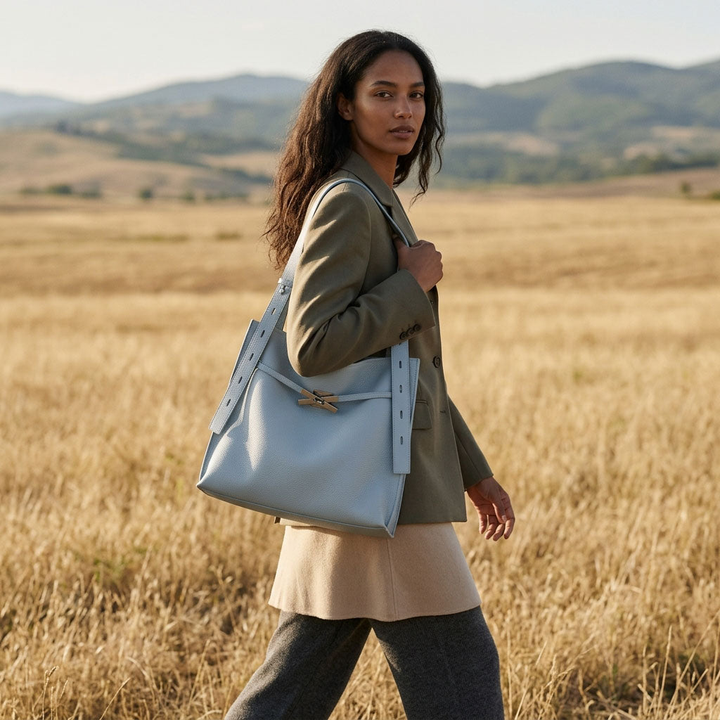 Pebbled Leather Tote Bag with Twist-Lock Clasp
