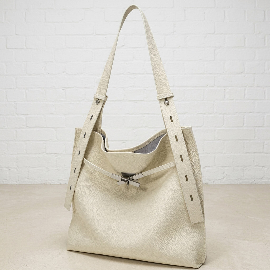 Pebbled Leather Tote Bag with Twist-Lock Clasp