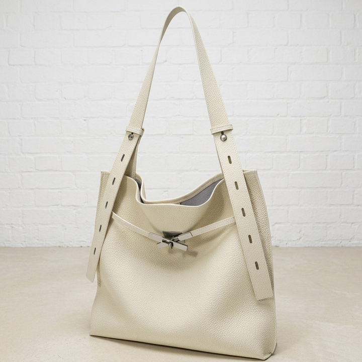 Pebbled Leather Tote Bag with Twist-Lock Clasp