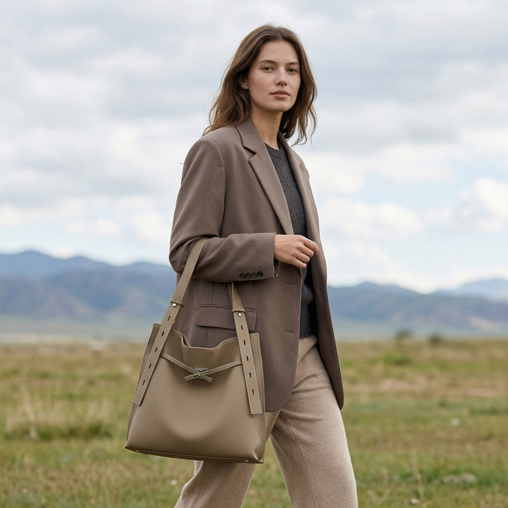Pebbled Leather Tote Bag with Twist-Lock Clasp