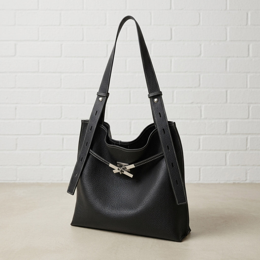 Pebbled Leather Tote Bag with Twist-Lock Clasp