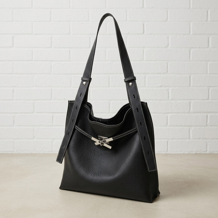 Pebbled Leather Tote Bag with Twist-Lock Clasp